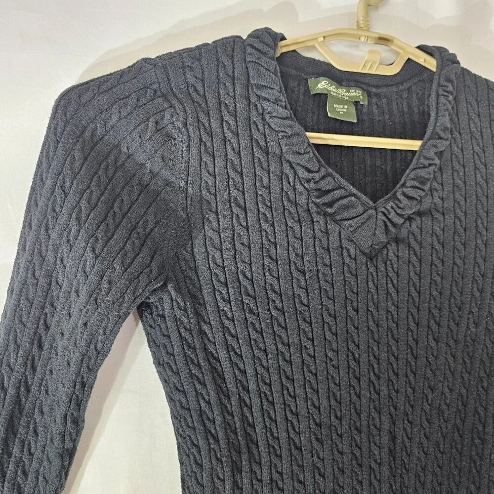 Eddie Bauer Sweater Womens M Black V Neck Cable Knit Long Sleeve Pullover Top - Picture 3 of 10